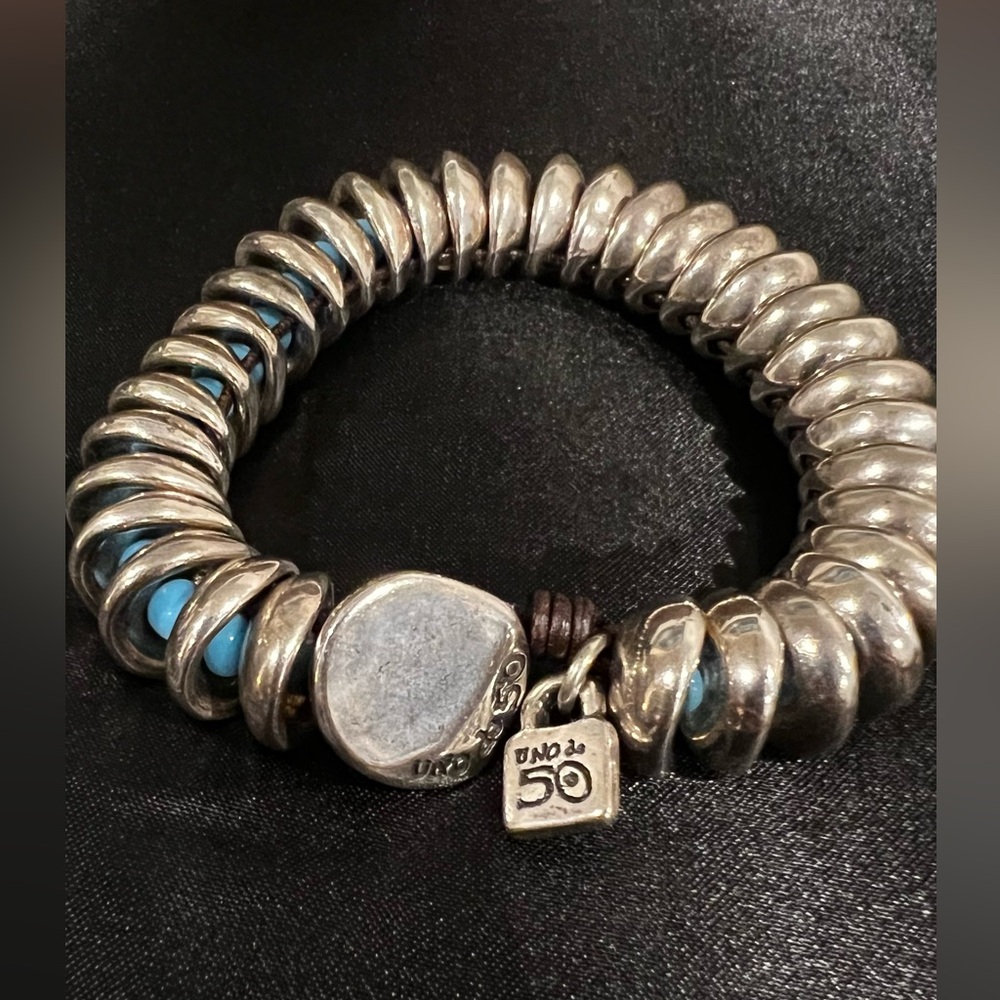 Uno de 50 Turquoise & Silver Disc Stretch Bracelet | Chunky Designer Statement